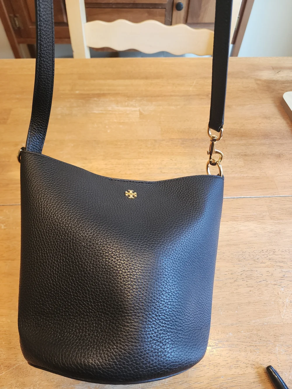 Tory Burch Black Pebbled Leather Bucket Shoulder Bag with Gold Logo
